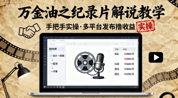 万金油之纪录片解说教学，手把手教你，完全实操，多平台发布撸收益 - 冒泡网赚