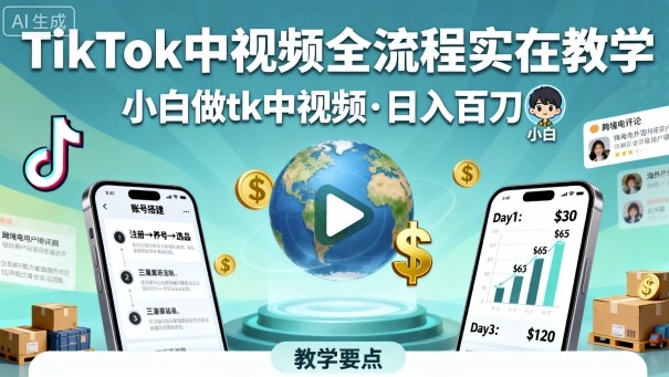 TikTok中视频全流程实操教学，小白做tk中视频，日入百刀 - 冒泡网赚