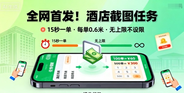 全网首发!酒店截图任务,15秒一单,每单0.6米,任务无上限不设限,矩阵操作单日3张到手-紫橙网创项目网