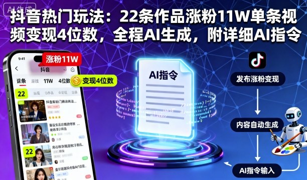 抖音热门玩法：22条作品涨粉11W单条视频变现4位数，全程AI生成，附详细AI指令 - 冒泡网赚