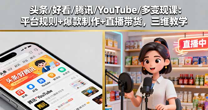 头条/好看/腾讯/YouTube/多变现课：平台规则+爆款制作+直播带货，三维教学 - 中创网