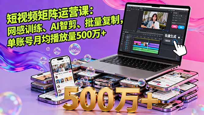 短视频矩阵运营课：网感训练、AI智剪、批量复制，单账号月均播放量500万+ - 中创网