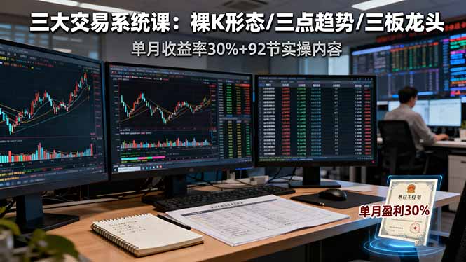 三大交易系统课:裸K形态/三点趋势/三板体系,单月收益率30%+92节实操内容-紫橙网创项目网