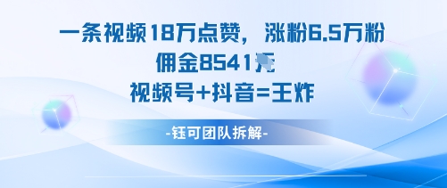 一条视频18W点赞，涨粉6.5W粉佣金8541米，视频号+抖音=王炸 - 冒泡网赚