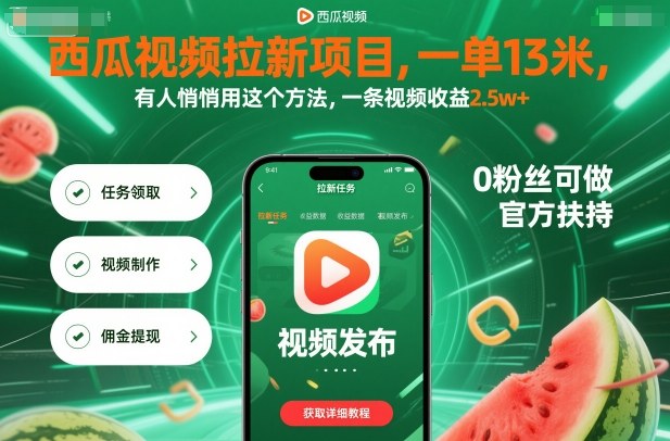 西瓜视频拉新项目，一单13米，有人悄悄用这个方法，一条视频收益2.5w+（附详细教程） - 冒泡网赚