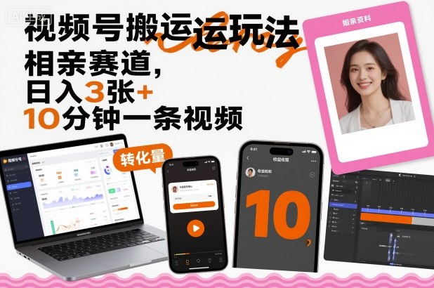 视频号搬运玩法，相亲赛道，日入3张+，10分钟一条视频 - 冒泡网赚