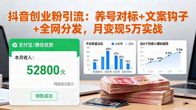 抖音创业粉引流：养号对标+文案钩子+全网分发，月变现5万实战 - 中创网