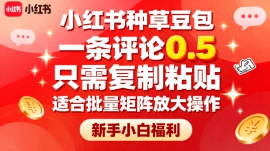 小红书种草豆包，一条评论0.5，只需复制粘贴，适合批量矩阵放大操作，新手小白福利 - 冒泡网赚