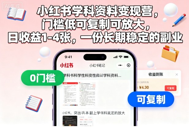 小红书学科资料变现营,门槛低可复制可放大,日收益1-4张,一份长期稳定的副业-紫橙网创项目网