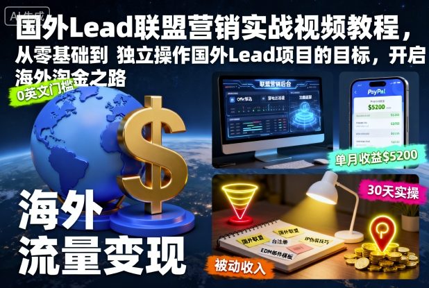 国外Lead联盟营销实战视频教程,从零基础到独立操作国外Lead项目的目标,开启海外淘金之路-紫橙网创项目网