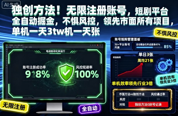 独创方法！无限注册账号，短剧平台全自动掘金，不惧风控，领先市面所有项目，单机一天3张-紫橙网创项目网