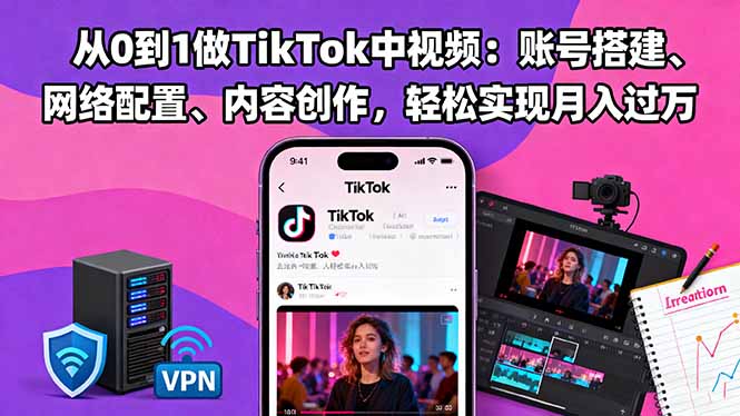从0到1做TikTok中视频：账号搭建、网络配置、内容创作，轻松实现月入过万-紫橙网创项目网