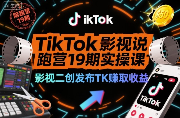 TikTok影视解说陪跑营19期实操课，影视二创发布TK賺取收益，万播收益50美金-紫橙网创项目网