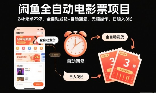 闲鱼全自动电影票项目，24h爆单不停，全自动发货+自动回复，无脑操作，日稳入3张-紫橙网创项目网