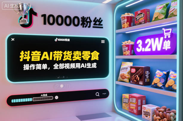 抖音AI带货卖零食，操作简单，全部视频用AI生成，一万粉丝，卖了3.2W单-紫橙网创项目网