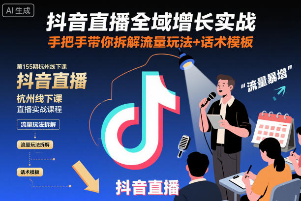 抖音直播全域增长实战第155期杭州线下课,手把手带你拆解流量玩法+话术模板-紫橙网创项目网