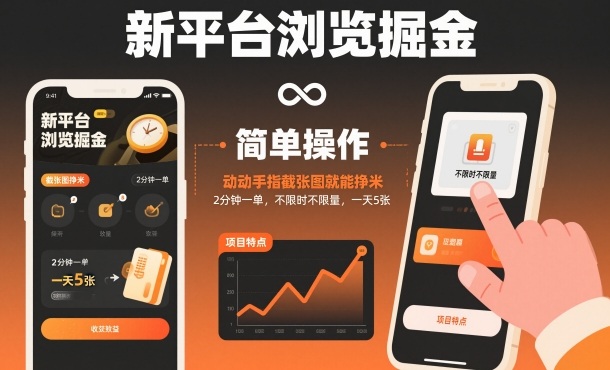 新平台浏览掘金,动动手指截张图就能挣米,2分钟一单,不限时不限量,一天5张-紫橙网创项目网