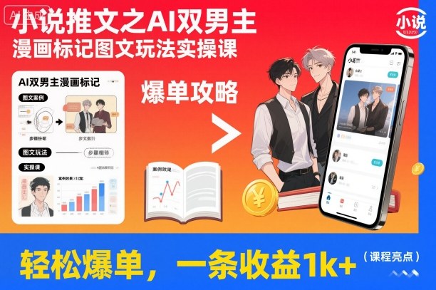 小说推文之AI双男主漫画标记图文玩法实操课，轻松爆单，一条收益1k+-紫橙网创项目网