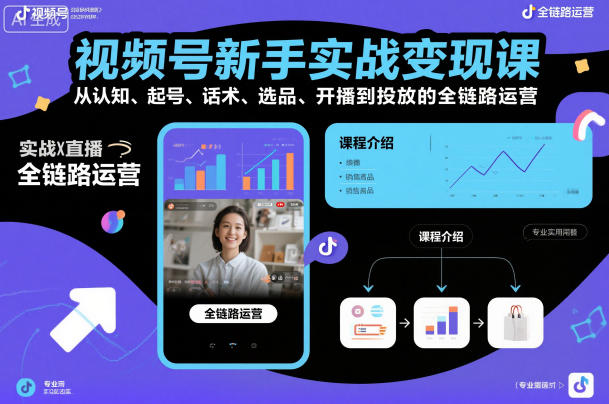 视频号新手实战变现课，从认知、起号、话术、选品、开播到投放的全链路运营-紫橙网创项目网