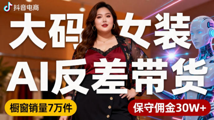 抖音小众赛道,大码女装AI反差带货,不用直播,每天6条作品,橱窗卖7万件,保守佣金30W+-紫橙网创项目网