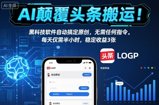 AI颠覆头条搬运！黑科技软件自动搞定原创，无需任何指令。每天仅需半小时，稳定收益3张-紫橙网创项目网