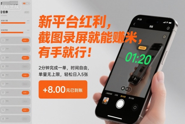 新平台红利，截图录屏就能賺米，有手就行！2分钟完成一单，时间自由，单量无上限，轻松日入5张-紫橙网创项目网
