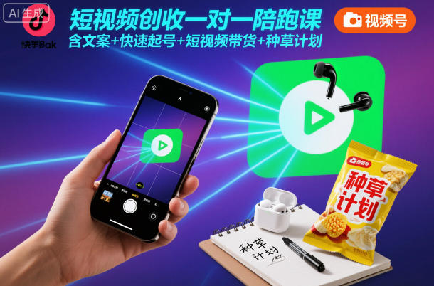 短视频创收一对一陪跑课，含文案+快速起号+短视频带货+种草计划 - 冒泡网赚