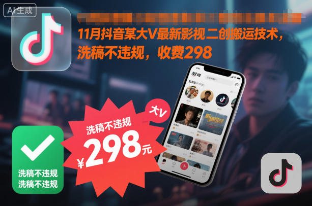 11月抖音某大V最新影视二创搬运技术，洗稿不违规，收费298 - 冒泡网赚