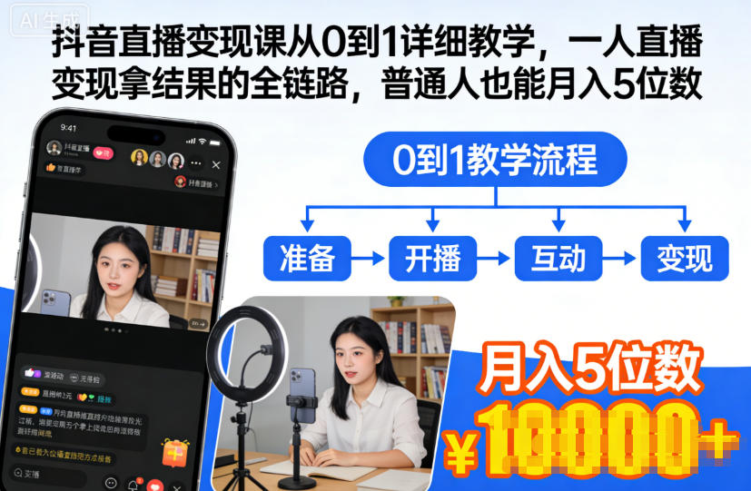 抖音直播变现课从0到1详细教学，一人直播变现拿结果的全链路，普通人也能月入5位数-紫橙网创项目网