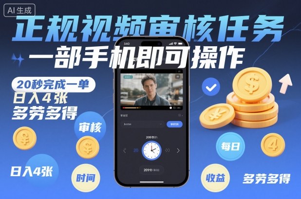 正规视频审核任务，一部手机即可操作，20秒完成一单，日入4张，多劳多得 - 冒泡网赚