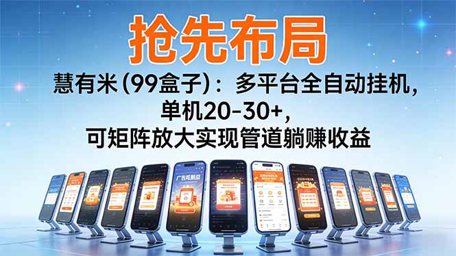 【抢先布局】慧有米（99盒子）：多平台全自动挂机，单机20-30+，可矩阵放大实现管道躺赚收益-紫橙网创项目网