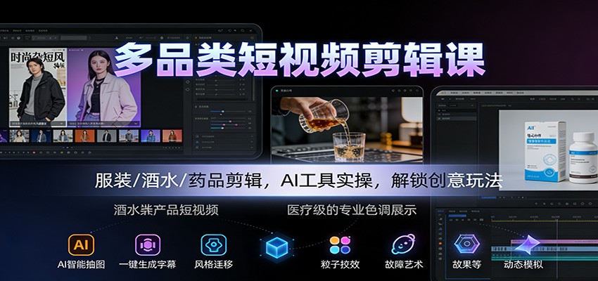 多品类短视频剪辑课：服装/酒水/药品剪辑，AI工具实操，解锁创意玩法-紫橙网创项目网