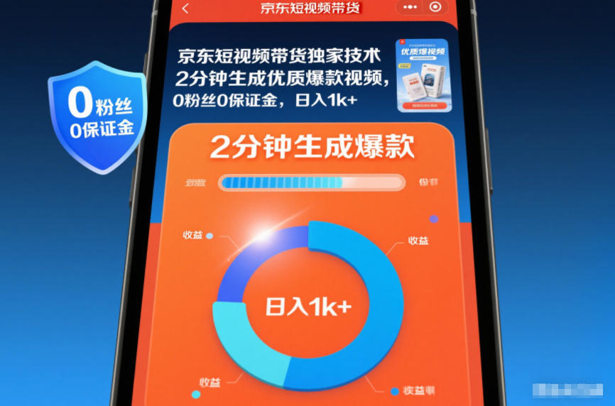 京东短视频带货独家技术,2分钟生成一条优质爆款视频,0粉丝0保证金,日入1k+-紫橙网创项目网