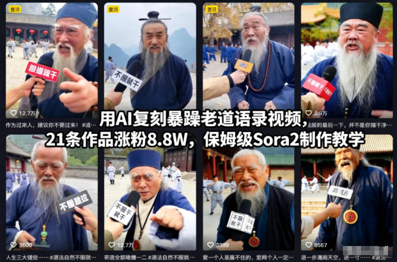 用AI复刻暴躁老道语录视频,21条作品涨粉8.8W,保姆级Sora2制作教学-紫橙网创项目网
