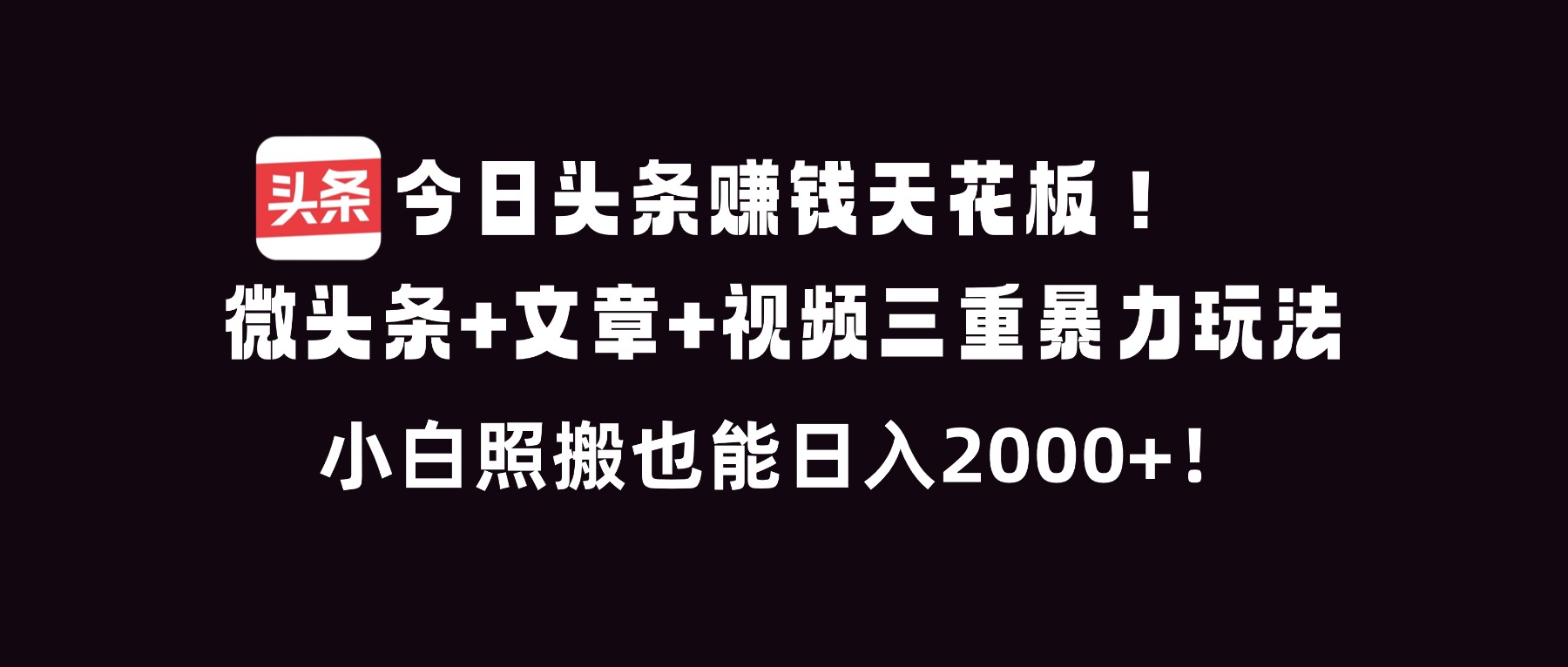 今日头条赚钱天花板！微头条+文章+视频三重暴利玩法，小白照搬也能日人2000+-紫橙网创项目网