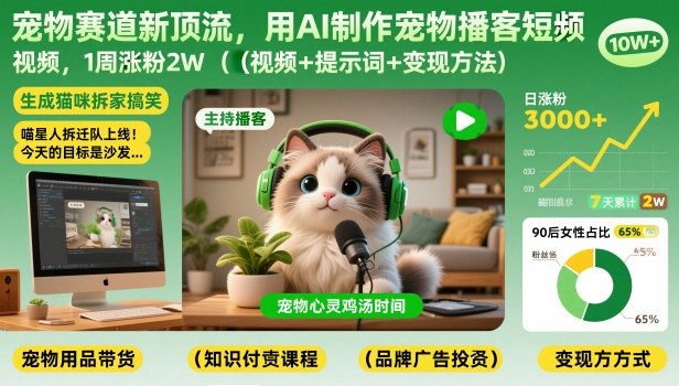 宠物赛道新顶流,用AI制作宠物播客短视频,1周涨粉2W(视频+提示词+变现方法)-紫橙网创项目网