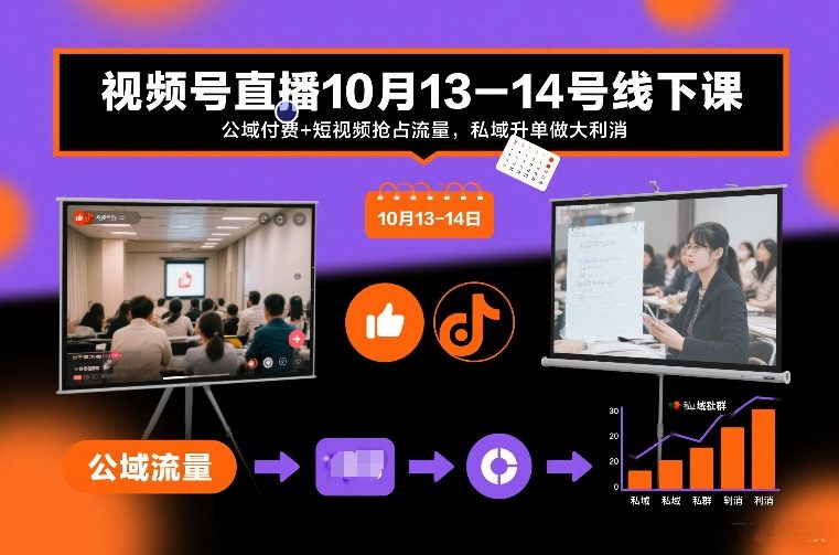 视频号直播10月13-14号线下课,公域付费+短视频抢占流量,私域升单做大利消-紫橙网创项目网
