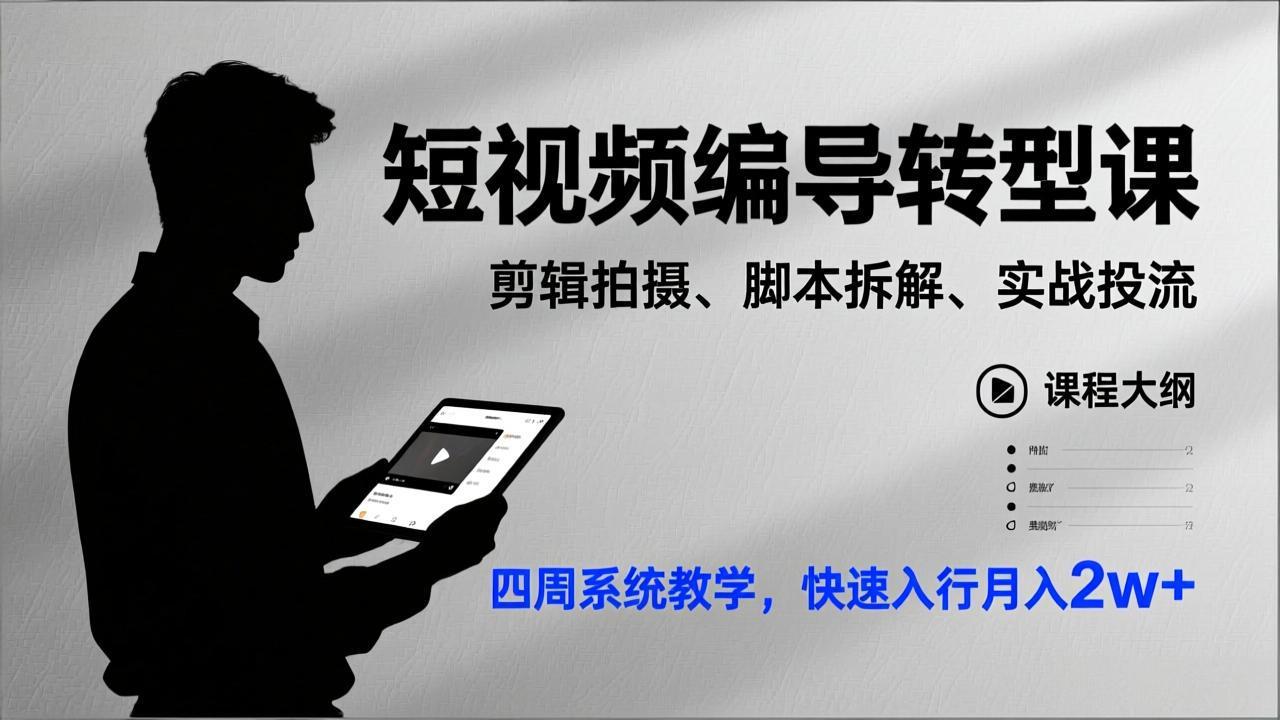 短视频编导转型课,剪辑拍摄、脚本拆解、实战投流,四周系统教学,快速入行月入2w+-紫橙网创项目网