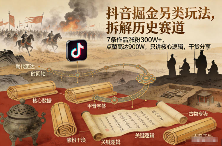 抖音掘金另类玩法，拆解历史赛道，7条作品涨粉300W+，点赞量高达900W，只讲核心逻辑，干货分享-紫橙网创项目网