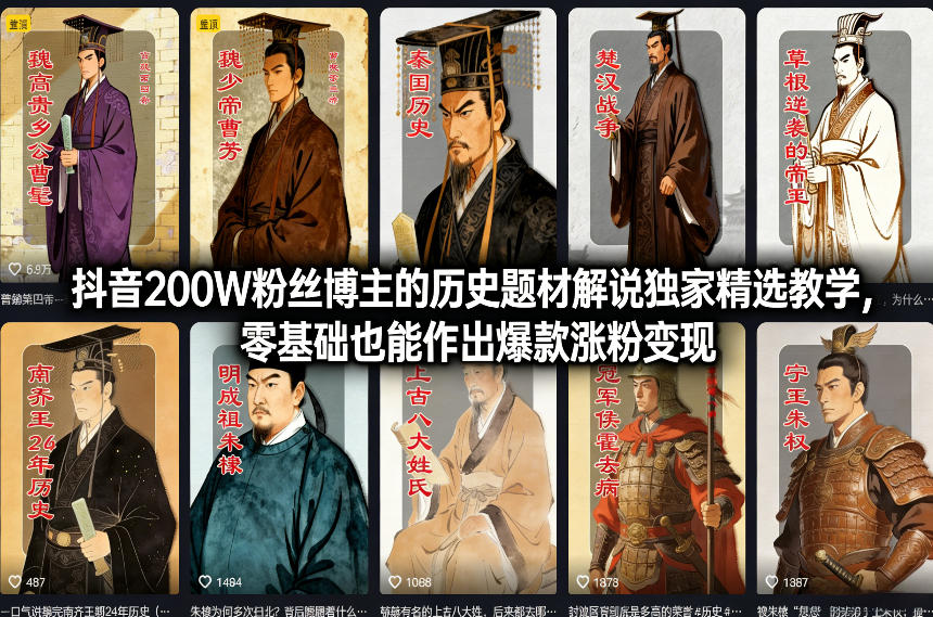 抖音200W粉丝博主的历史题材解说独家精选教学，零基础也能作出爆款涨粉变现-紫橙网创项目网