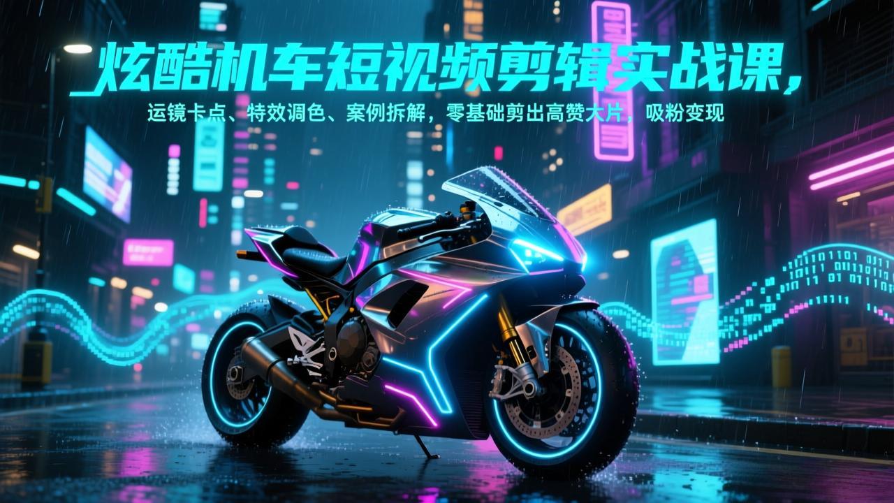 炫酷机车短视频剪辑实战课，运镜卡点、特效调色、案例拆解，零基础剪出高赞大片，吸粉变现-紫橙网创项目网