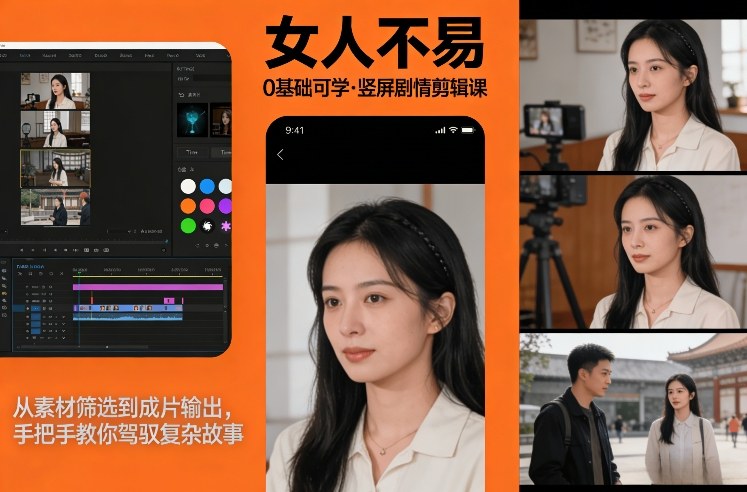 0基础可学！《女人不易》竖屏剧情剪辑课，从素材筛选到成片输出，手把手教你驾驭复杂故事-紫橙网创项目网