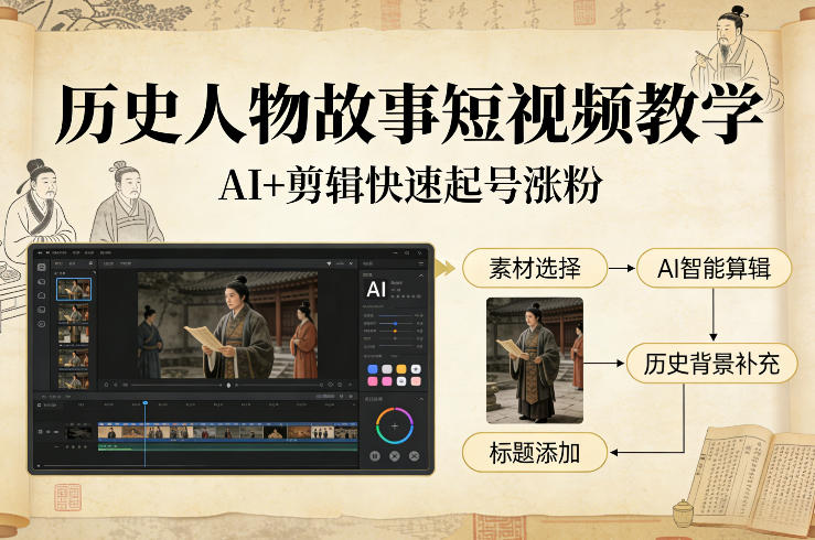 历史人物故事短视频教学，AI+剪辑制作历史人物题材短视频，快速起号涨粉-紫橙网创项目网
