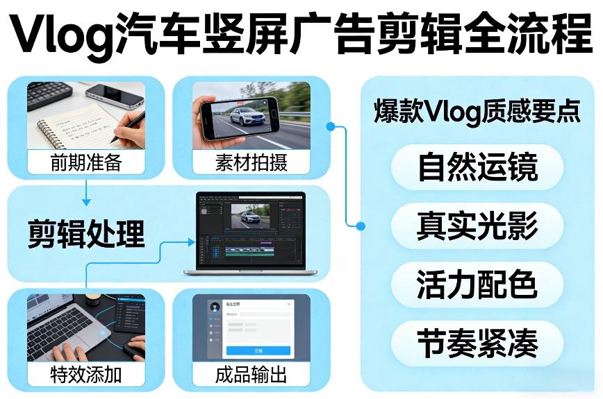 Vlog感觉汽车竖屏广告剪辑脚本全流程，拿捏爆款Vlog质感-紫橙网创项目网