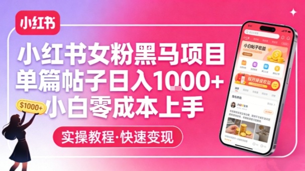 小红书女粉黑马项目，单篇帖子日入1k+，小白零成本上手-紫橙网创项目网