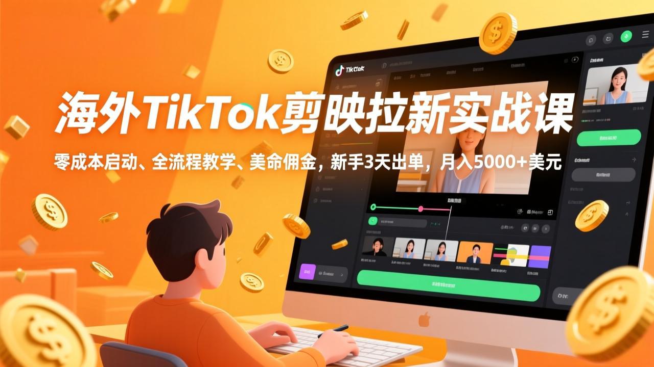 海外TikTok剪映拉新实战课，零成本启动、全流程教学、美金佣金，新手3天出单，月入5000+美元-紫橙网创项目网