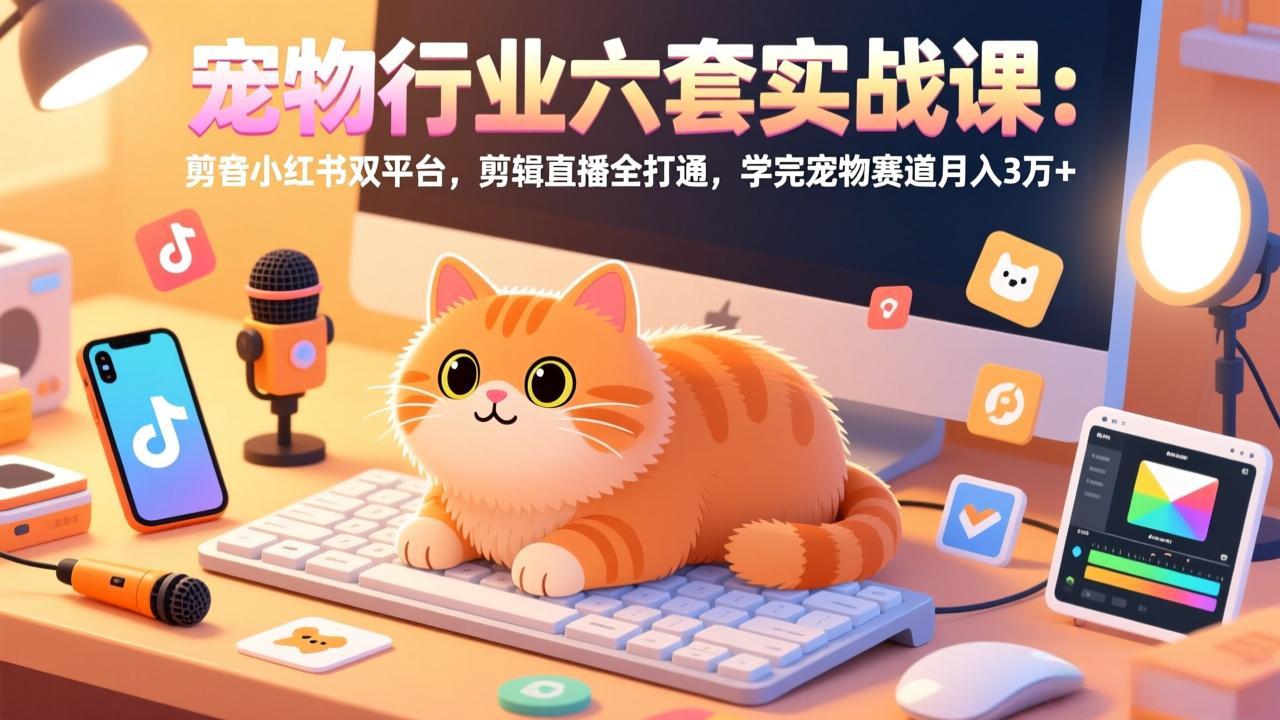 宠物行业六套实战课:抖音小红书双平台,剪辑直播全打通,学完宠物赛道月入3万+-紫橙网创项目网