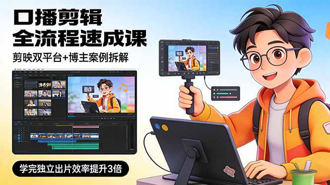 口播剪辑全流程速成课,剪映双平台+博主案例拆解,学完独立出片效率提升3倍-紫橙网创项目网