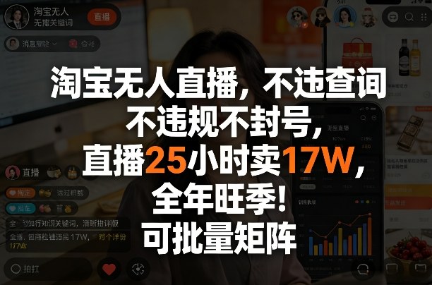 淘宝无人直播，不违规不封号，直播25小时卖17W，全年旺季！可批量矩阵-紫橙网创项目网