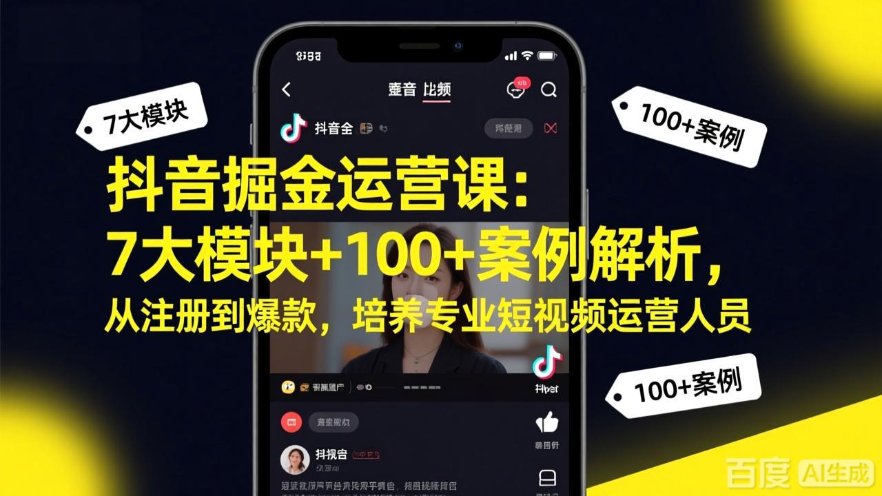 抖音掘金运营课：7大模块+100+案例解析，从注册到爆款，培养专业短视频运营人员-紫橙网创项目网